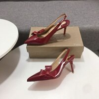 Christian Louboutin Giày Cao Gót Nhọn Da Thật Màu Đỏ Rượu Stiletto 7cm Gợi Cảm Thắt Nơ Thời Trang Nữ