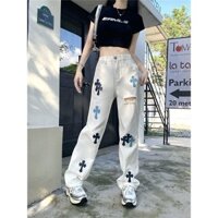 Chrome Hearts American Holiday Cross Leather Label Loose Ripped White Straight Jeans dành cho nữ Quần mỏng Slim hợp thời trang