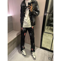 Chrome HEARTS Jeans Nam Hoa Anh Đào Bột Rửa Chữ Thập Và Quần Thẳng Cũ