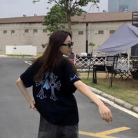 Chrome Hearts Nam Nữ Cùng Màu Xanh Phạn Chữ Thập Ngắn Tay 100% Cotton Cao Cấp Thời Trang Rời Top 328