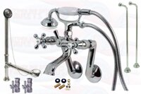 Chrome Tub Mount Clawfoot Bathtub Filler Faucet Kit W/Hand Shower, Drain, Water Supplies And Floor Stops - Fits 3-3/8" Tub Drilling