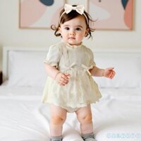 Cht-baby Bé Gái Công Chúa Áo Liền Quần Đầm Ngắn Tay Phồng Vạt Giả Cổ Nơ Trang Trí Ren Jumpsuit