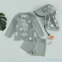 Cht-boys Rash Guard Bộ Đồ Bơi In Cây Dừa Áo Dây Kéo Dài Tay Có Quần Short Và Mũ Bơi Bộ 3 Chiếc