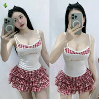 Chu Chu Set Áo 2 Dây Phối Áo Bra Pha Ren Kèm Chân Váy Karo Tầng Phối Nơ Hot Trend Set 3 Món - Thời Trang Nữ Giá Rẻ Top