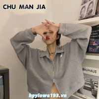 CHU MAN JIA Áo Khoác Lửng Dài Tay Cổ Đứng Khóa Kéo Đôi Thời Trang Nữ