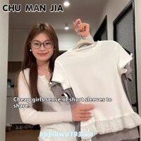 Chu MAN JIA Áo thun ngắn tay xù ren nguyên chất Áo thun nữ