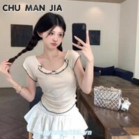 Chu MAN JIA Nơ Tai Gỗ Cổ Chữ U Áo Thun Nữ Tay Ngắn