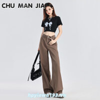 Chu MAN JIA Quần jean nữ màu nâu và cà phê quần cổ điển đơn giản mới eo cao mỏng quần lau nhà