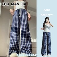 Chu MAN JIA Quần nữ Zhao Lusi cùng màu xanh hải quân ca rô treo cảm giác lười biếng retro quần ống rộng thông thường