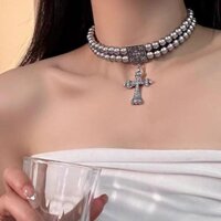 Chữ Thập Đôi Ngọc Trai Vòng Cổ Hợp Thời Trang Thoáng Mát Cô Gái Retro Nữ Châu Âu Mỹ Phóng Đại choker Ánh Sáng Sang Trọng Sang Trọng Sang Trọng Sang Trọng Sang Trọng Vòng Cổ