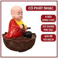 Chú tiểu gõ mõ tụng kinh có nhạc dùng pin trang trí ban thờ phật để bàn làm việc nhạc 6 bài kinh