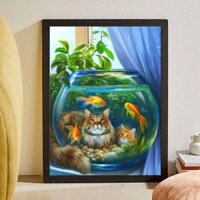 (chưa thêu) (Vải 11CT) Tranh thêu chữ thập bể cá vàng và mèo 11 7