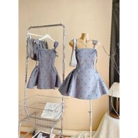 (Chuẩn hàng L1) Váy đầm xám chấm bi hai dây buộc nơ chân váy xòe phòng