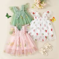 Chúc mừng năm mới Mùa Hè Mới Phong Cách Công Chúa Bé Gái Đầm, Hoạt Hình Cánh Bướm Thêu Hoa Quần Áo Không Tay Trẻ Em Từ 9 Tháng Đến 4 Tuổi