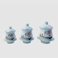 Chum nước Chân cao Có Nắp + Dĩa Sứ Cành Hồng Sen[3 Size]