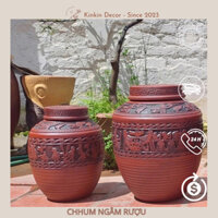 Chum sành ngâm rượu hoạ tiết trống đồng KHÔNG TRÁNG MEN 2 NẮP dung tích 10L,20L,30L,40L,50L