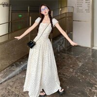 Chunjiamian Váy tay bong bóng chấm bi phiên bản Hàn Quốc dành cho nữ mùa hè phong cách mới với cổ vuông sành điệu, túm eo, váy dài chữ A giảm béo