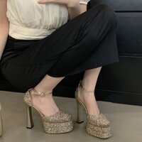 Chunky Gót Mẫu Sàn Catwalk Mũi Vuông Rỗng Dép 2025 Phong Cách Mới Giày Đơn 12cm Giày Cao Gót Nữ
