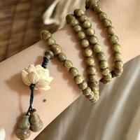 Chuỗi 108 Hạt Gỗ Đàn Hương 6 8mm Màu Xanh Lá Hình Hoa Sen Dùng Làm Vòng Đeo Tay / Vòng cổ