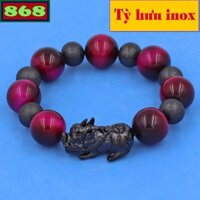 Chuỗi đeo tay đá mắt hổ hồng 14 ly charm tỳ hưu inox, vòng chuỗi đeo tay