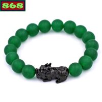 Chuỗi đeo tay mã não xanh lá mờ 10 ly charm tỳ hưu inox đen