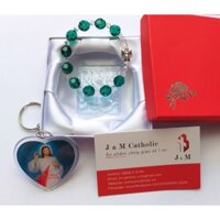 Chuỗi mân côi tràng hạt đeo tay đá pha lê màu xanh Thánh Giá bạc ta sang trọng 10mm