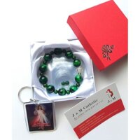 Chuỗi mân côi tràng hạt đeo tay bằng đá CT xâu kèm Thánh Giá bạc màu xanh đẹp 12mm