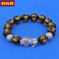 Chuỗi tay đá đen khắc lục tự chân ngôn mạ vàng 12 ly charm tỳ hưu inox, vòng tay hạt chuỗi