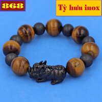Chuỗi tay đá mắt hổ vàng đen 16 ly ( size XL ) charm Tỳ Hưu inox, vòng tay chuỗi hạt