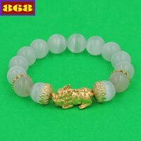 Chuỗi tay đá mắt mèo trắng 12 ly charm tỳ hưu inox, vòng tay chuỗi hạt