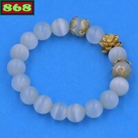 Chuỗi tay đá mắt mèo trắng charm bông sen inox khía bông, vòng tay chuỗi hạt