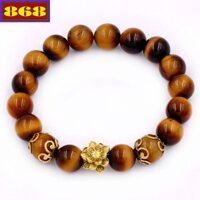 Chuỗi tay đá mắt mèo vàng đen 10 ly charm hoa sen inox, vòng tay hạt chuỗi