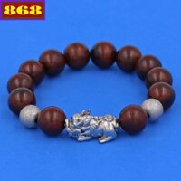 Chuỗi tay gỗ nâu 12 ly charm tỳ hưu inox, vòng tay hạt chuỗi