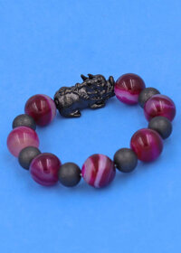 Chuỗi tay Tỳ Hưu inox mix Thạch Anh Hồng Sọc size 16 ly phối 6 bi - hợp mệnh Hỏa, mệnh Thổ - Chuỗi size XXL - Đen - không kèm hộp