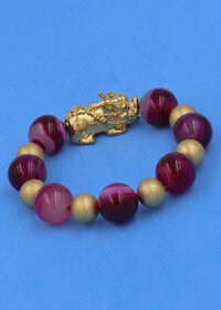 Chuỗi tay Tỳ Hưu inox mix Thạch Anh Hồng Sọc size 16 ly phối 6 bi - hợp mệnh Hỏa, mệnh Thổ - Chuỗi size XXL - Vàng - không kèm hộp