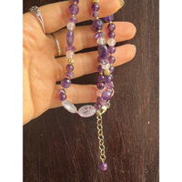 Chuỗi vòng cổ đá thạch anh tím tự nhiên nhiều loại mix thạch anh hồng mix bi mạ vàng dài 42 + 3 cm hàng Nhật mới cao