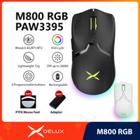 Chuột chơi game có dây không dây Delux M800 RGB PAW3395 26000DPI 50G ACC 72g Nhẹ có thể lập trình cho game thủ
