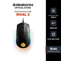 Chuột gaming có dây SteelSeries Rival 3 màu đen 77g, đèn RGB, 6 nút, 8500 CPI, 300IPS, 60 triệu clicks, bảo hành 1 năm