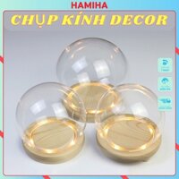 Chụp kính thủy tinh đế gỗ có Đèn Led trang trí hình cầu , Quả cầu thủy tính trong suốt có đế gỗ trang trí nhà cửa HAMIHA