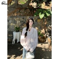 CHUXU Áo sơ mi dài tay sọc hoa cổ chữ V màu hồng nhạt phong cách Pháp dành cho nữ