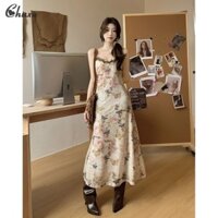 Chuxu Bướm Váy Hoa Phong Cách Pháp Treo Váy Nữ Cổ Chữ V Ôm Vừa V Eo Váy Hông Váy Dài