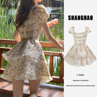 Chuxu Đầm Tay Phồng Phong Cách Pháp Nơ Lưng Nữ Váy Petti Họa Tiết Hoa Rỗng