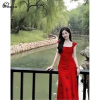 CHUXU Đuôi Cá Trà Break Phong Cách Pháp Màu Đỏ Vuông Cổ Áo Vest Váy Nữ