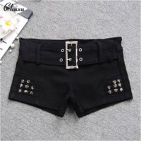 CHUXU Gợi Cảm Thấp Eo Nóng Cô Gái Siêu Ngắn Quần Short Nữ Đinh Tán Co Giãn Quần Nóng Ngoài Mặc Denim Đen Ngắn
