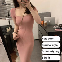 Chuxu Váy dệt kim cổ vuông thanh lịch mùa hè màu đen dành cho nữ
