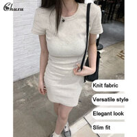Chuxu Váy dệt kim ngắn tay màu trắng thanh lịch dành cho nữ, Váy thời trang đơn giản