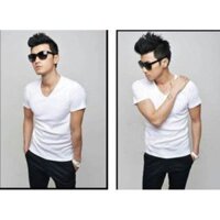 [Chuyên sỉ & lẻ] Áo thun cổ tim tay ngắn nam màu trắng - T02