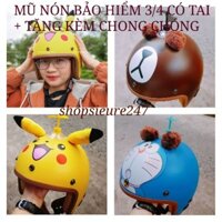 (CHUYÊN SỈ LẺ) (TẶNG 1 CHONG CHÓNG) MŨ NÓN BẢO HIỂM PHƯỢT 3/4 HÌNH PIKACHU - DOREMON - GẤU CÓ TAI (GIÁ SINH VIÊN)