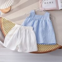 [Cikibaby] Áo Vest kẻ sọc ngắn tay phong cách mới mùa hè + quần Short Bộ đồ hai mảnh