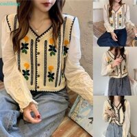 Ciling Nữ Voan Dài Tay Crop Top Cardigan Móc Đan Thêu Sọc Hoa Lá Áo Len Cho Áo Khoác Bu